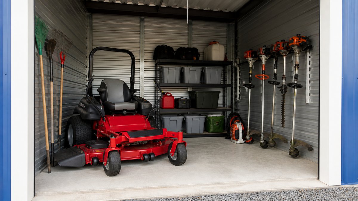 Landscaping equipment and bins stored neatly inside a clean storage unit with shelving.