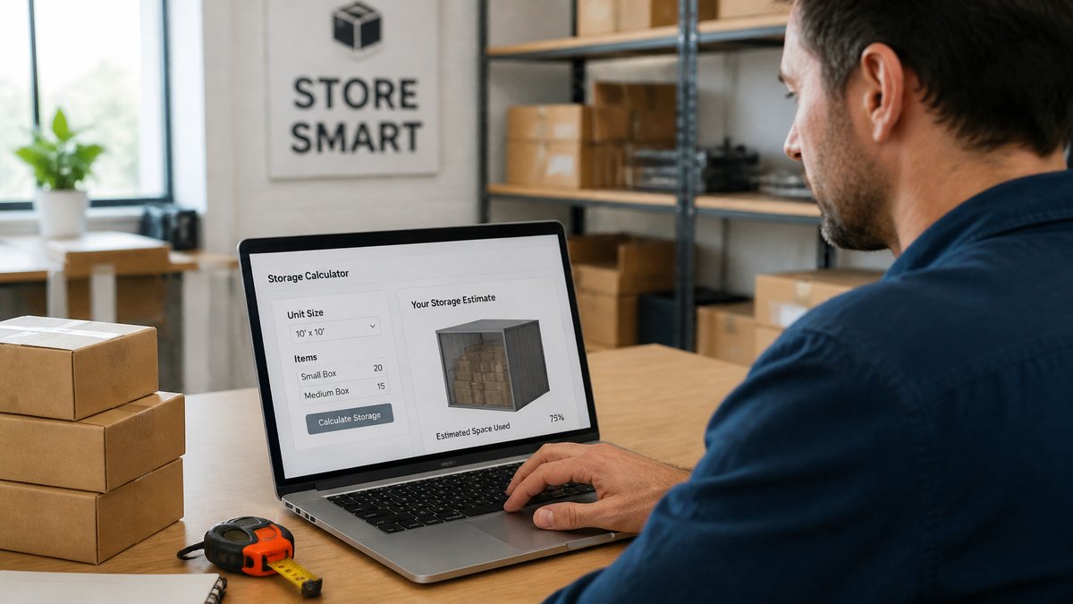Business owner using a laptop storage calculator next to stacked boxes and a tape measure in a bright office.