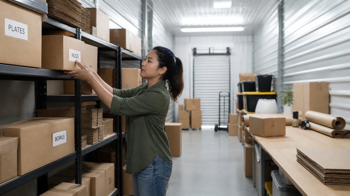 Person organizing labeled boxes and packing supplies on shelving inside a clean, well-lit storage unit